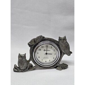 VTG Pewter Owl Mini Clock by Seagull 1994- Needs Battery